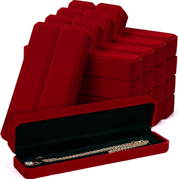 Batiyeer 24 Pcs Velvet Bracelet Box Bulk Jewelry Chain Necklace Box Bracelet Storage Case Long Jewelry Case for Valentine Wedding Pendant Display, 8.86 x 2.13 x 1.38 Inch(Claret)