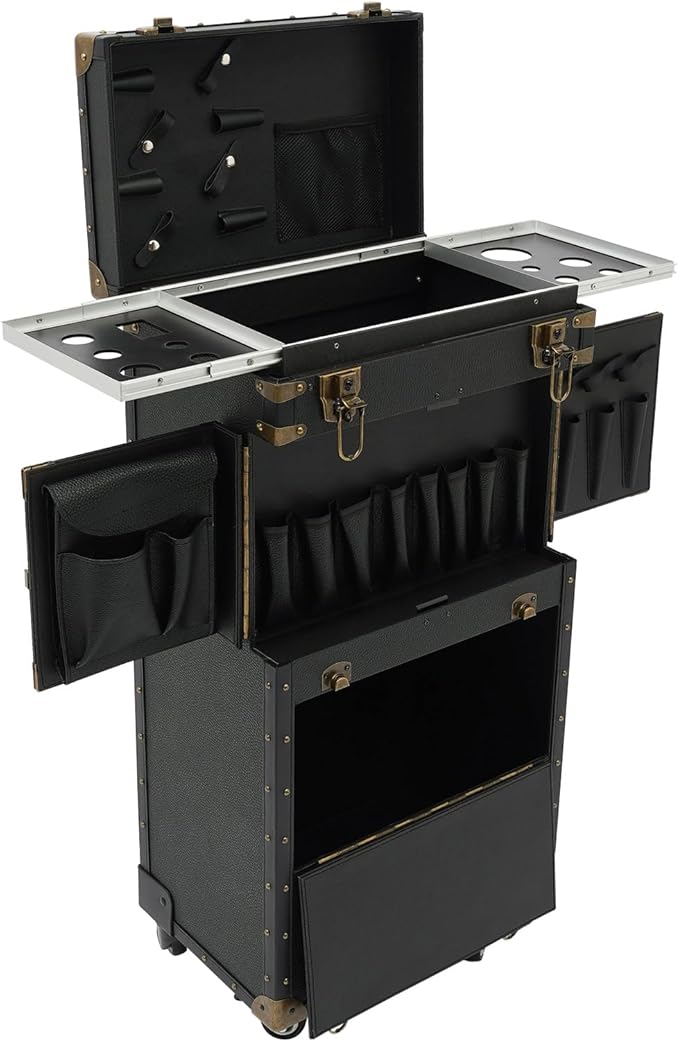Rolling Hairdressing Case - Professional Makeup Train Case with Dual Password Locks, Cosmetic Organizer for Salon/Barber/Nail Artists (Black)