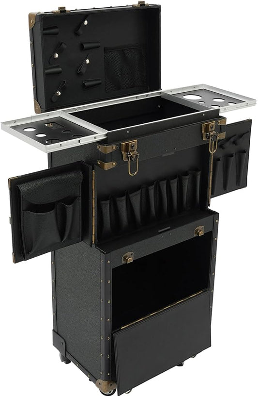 Rolling Hairdressing Case - Professional Makeup Train Case with Dual Password Locks, Cosmetic Organizer for Salon/Barber/Nail Artists (Black)