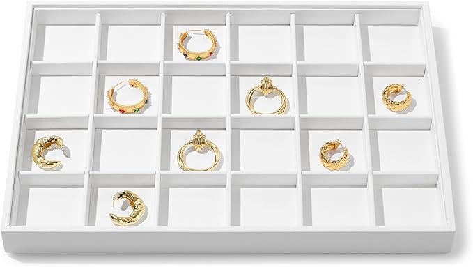 24 Girds White Leather Jewelry Tray Earring Organizer Tray Jewelry Drawer Organizer for Ring Earrings Holder Storage Display