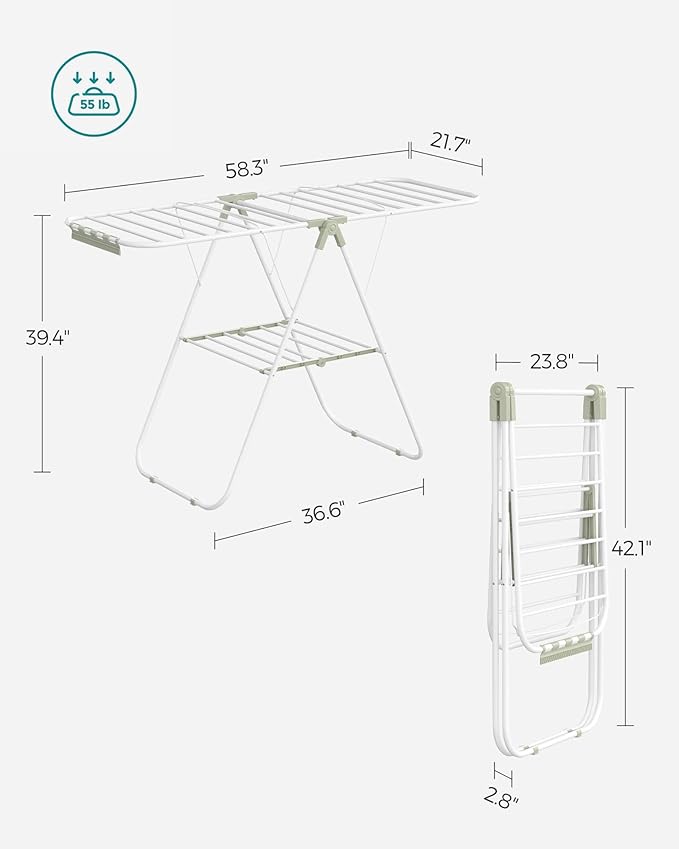 SONGMICS Clothes Drying Rack, with Sock Clips, Metal Laundry Rack, Foldable, Space-Saving, Free-Standing Airer, with 2 Height-Adjustable Gullwings, Indoor Outdoor Use, White and Green ULLR052C01