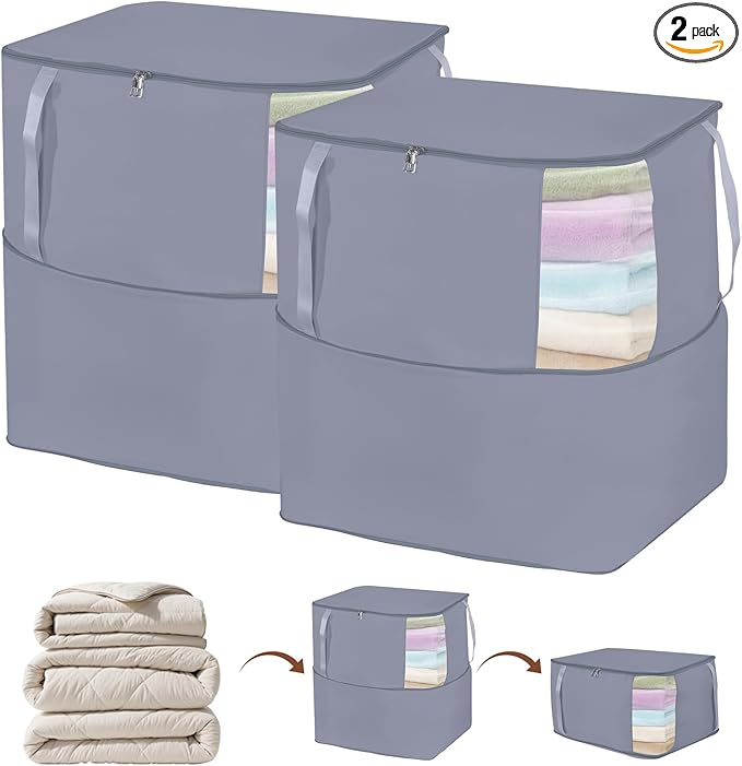 Comforter Storage Bag, Large Capacity Blanket Storage Bags with Visual Window, Ultra Space Saving Self Compression Organizer, Washable Compression Bag for Duvet, Down Jacket, Pillow, 2-Pack, 136L Gray