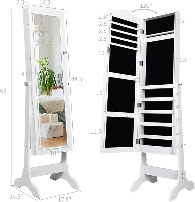 Giantex Jewelry Armoire with Full Length Mirror, Lockable Standing Jewelry Cabinet, Mirror with Jewelry Storage, Ring Earring Necklace Makeup Display, Jewelry Organizer Box for Women Girls (White)