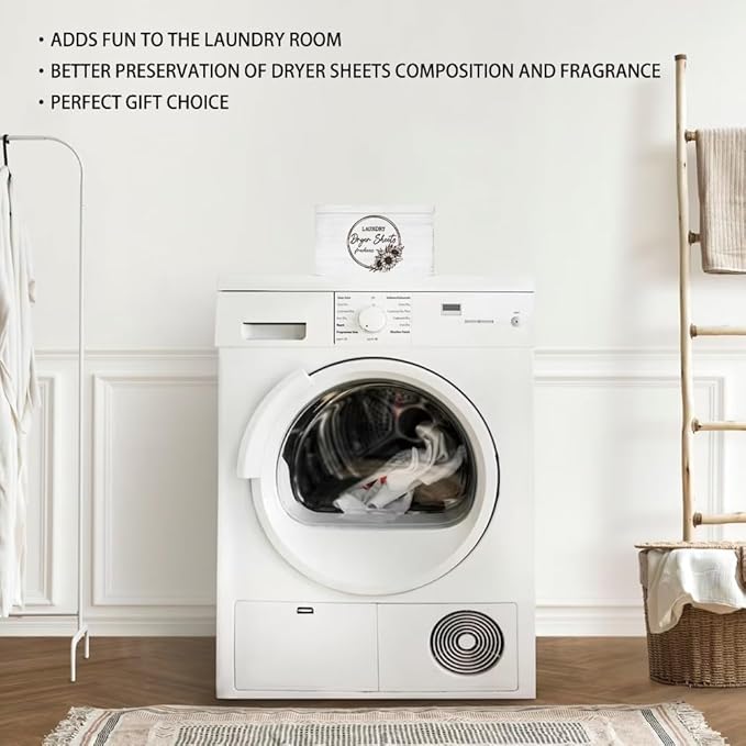 SUPERDANT Dryer Sheets Holder with Lid Rustic Dryer Sheet Dispenser Sunflower Dryer Sheets Lettering Laundry Sheet Container Fabric Softener Dispenser Box for Laundry Room Organization Storage White