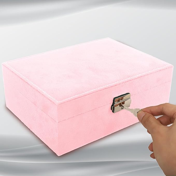 Nsmykhg Velvet Jewelry Box Organizer - 2 Pack Lockable 2 Layer Travel Case with Removable Tray, Jewelry Storage for Women & Men, Jewelry Display Case for Rings, Necklace, Earrings (Pink)