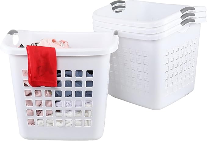 4 Packs Large White Laundry Basket, Plastic Clothes Hamper with Handles