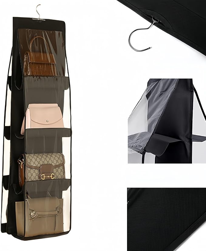 HAN SHENG 8 Pockets Clear Handbag & Purse Organizer Hanging Bag Storage - Space Saving Hanging Shelf for Closet, Wardrobe, Over Door (2 Pack, Black)