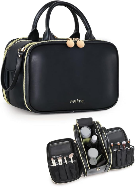 Prite Makeup Bag for Women, Large Capacity Waterproof Travel Cosmetic Organizer, Portable Open Flat Toiletry Bag with Free-standing Brush Holder and Handle(Black Large)