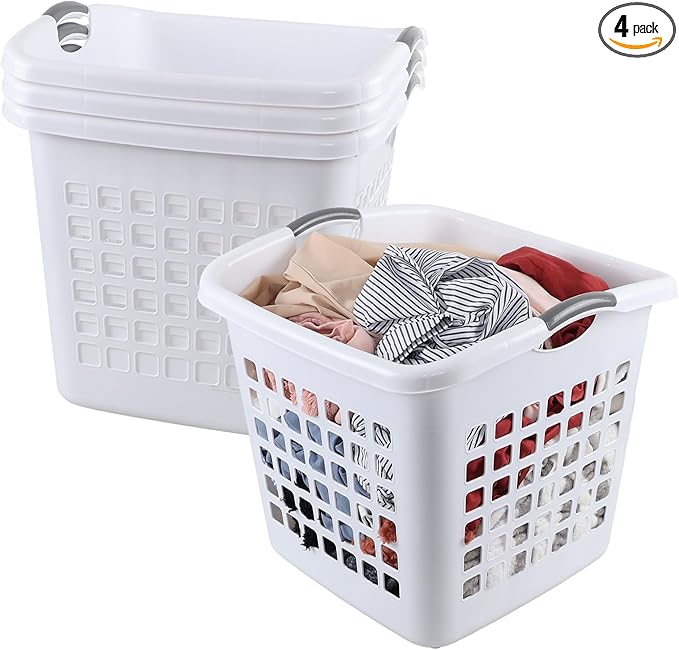 4 Pack 2 Bushel Ultra Laundry Basket, 72 L Square Large Plastic Laundry Basket with Handles, White