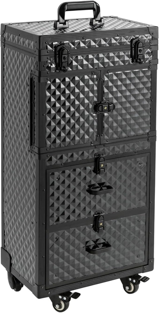 Rolling Lockable Makeup Train Case,Large Cosmetic Organizer Train Case Makeup Travel Case with 360° Swivel Wheels, Trolley Makeup Travel Organizer,Black