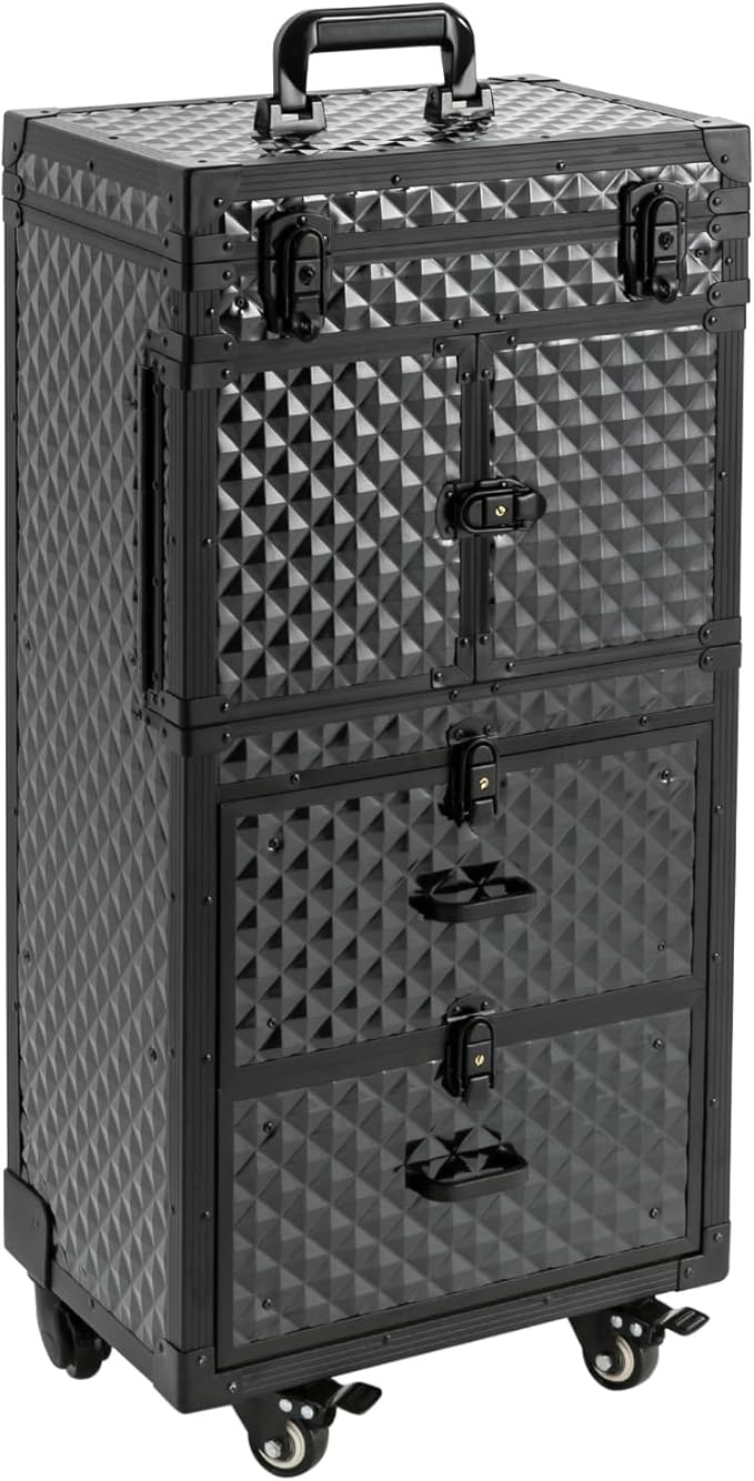 Rolling Makeup Case Large Storage Cosmetic Trolley, Rolling Lockable Makeup Train Case, Stylist Beauty Salon Cosmetic Luggage Travel Organizer Tool Box with Hair Dryer Holder