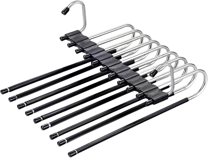 2Pack 9 Layers Foldable Pants Hangers Space Saving Trouser Hanger Multifunctional Trouser Rack Hanger Hanging Hole for Wardrobe Trousers Scarf Jeans (Black)