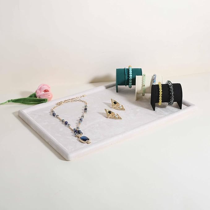 Rectangle Jewelry storage organizer plate, Velvet Jewerly display tray, Empty showcase tray for Necklace Bracelet Ring Earring【Beige-Large, 17.7 x 11.8 in 】