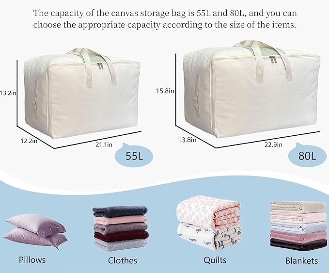 Soft Large Canvas Comforter Storage Bags with Four Carrying Handles and Clear Window, Closet Organizer for Clothing, Blankets Sheets Pillows and Bedding, 80L, 6 Pack, White