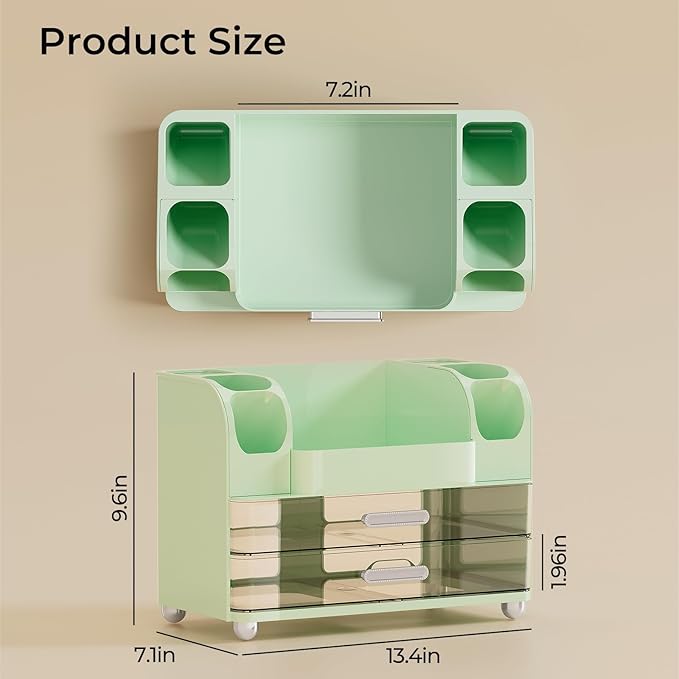 Makeup Organizer for Vanity with 2 Large Drawers, Cosmetic Display Case with Brush Holders, Easy to Storage for Bathroom Countertop Skincare, Desk Office Supplies, Green