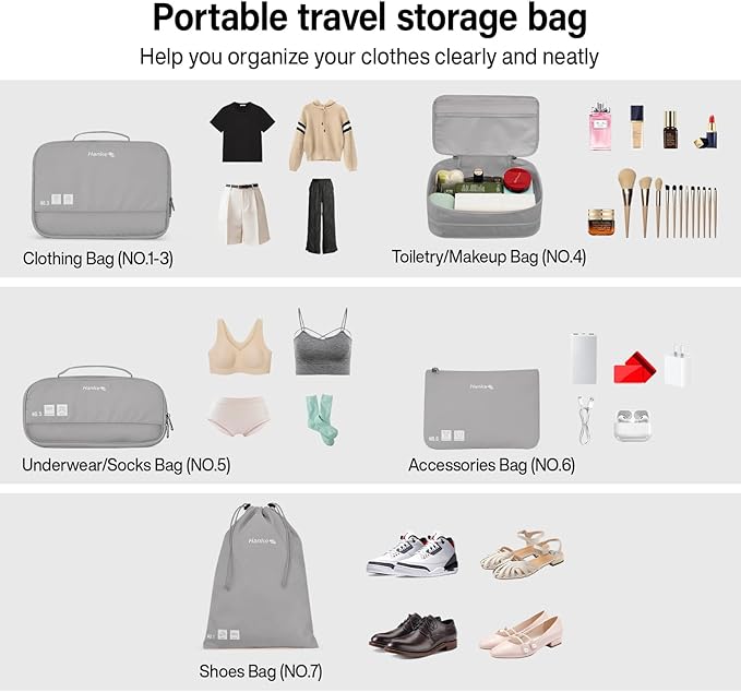 Hanke 7 Set Compression Packing Cubes for Travel, Expandable Large Packing Cubes for Suitcases and Backpack, Luggage Packing Organizer Bags with Double Zipper as Travel Essentials
