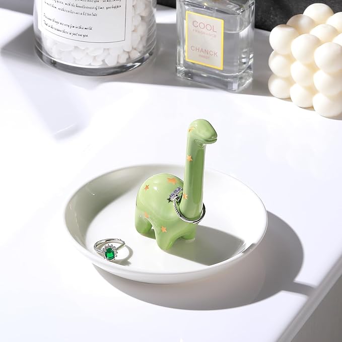 PUDDING CABIN Green Dinosaur Ring Holder Dish, Dinosaur Gifts Ring Holder for Rings Earrings Bracelets Necklace Organizer, Birthday Mothers Day Thanksgiving Christmas Gifts for Women