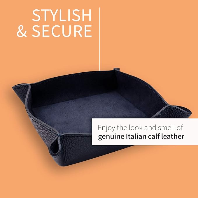 Maruse Italian Tumble Leather Valet Tray Organizer, Office Desk Accessory, Durable Leather Handmade in Italy (Navy Blue)