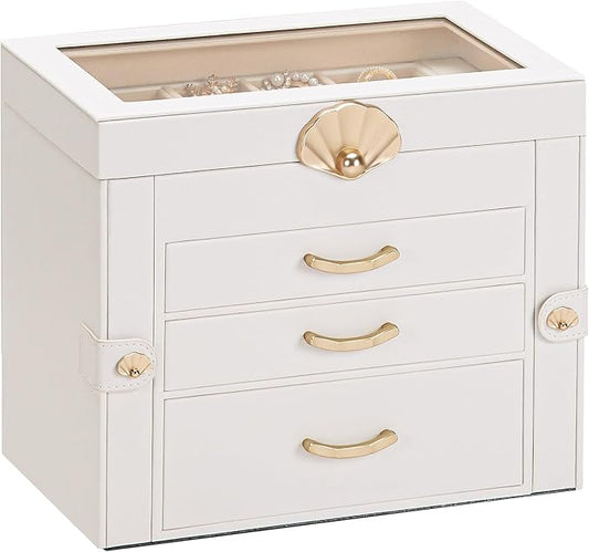 Jewelry Box with 3 Drawers: Display Organizer for Earrings Necklaces - Gift for Girls Women (White)