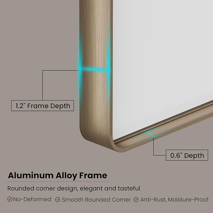 Bronze Bathroom Mirror 72x36 Inch, Brushed Bronze Metal Frame Mirror for Wall, Rounded Rectangle Bathroom Vanity Mirror with Tempered Glass, Anti-Rust, Horizontal/Vertical