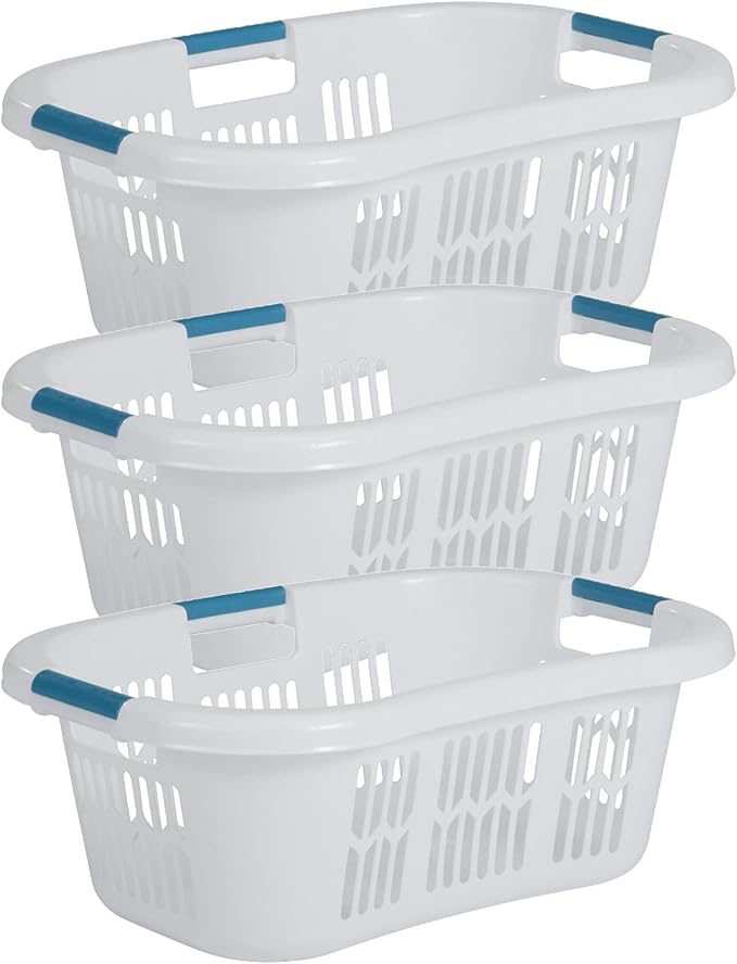 Rubbermaid 2.1-Bushel Small Hip-Hugger Portable Plastic Laundry Basket with Grab-Through Handles, White (3-Pack)