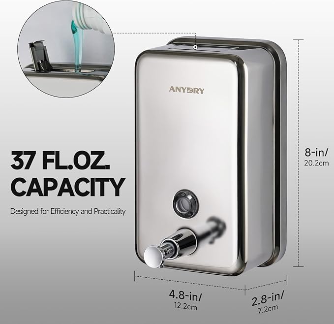 Commercial Soap Dispenser Wall Mount, Polished Stianless Steel Finish Manual Liquid Soap Dispenser - 37oz (1100ml) Model AD1003