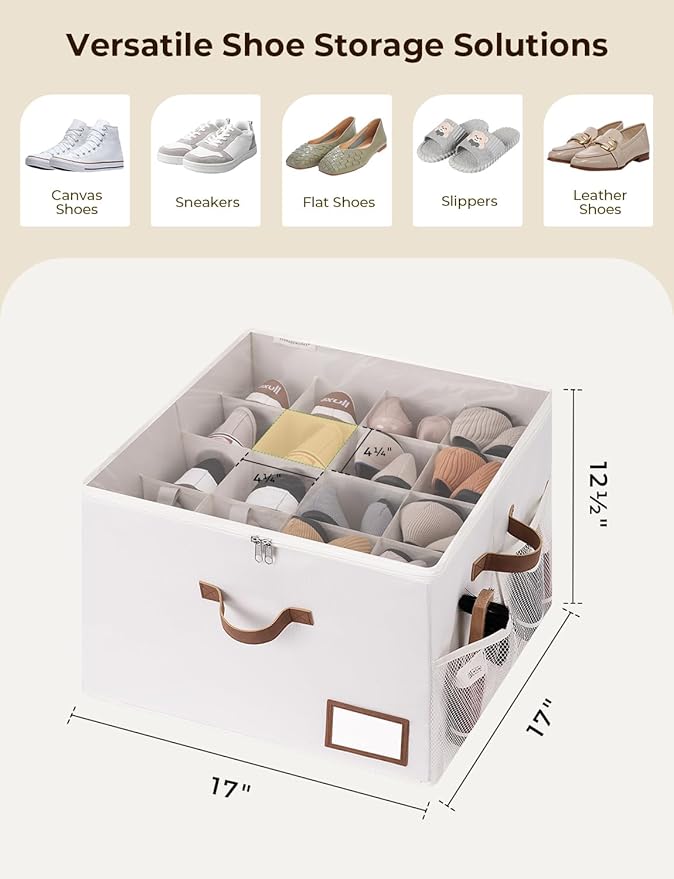 StorageWorks Shoe Organizer for Closet, Fits up to 16 Pairs, Shoe Cubby Storage Containers with Side Mesh Pocket and Clear Cover, Beige