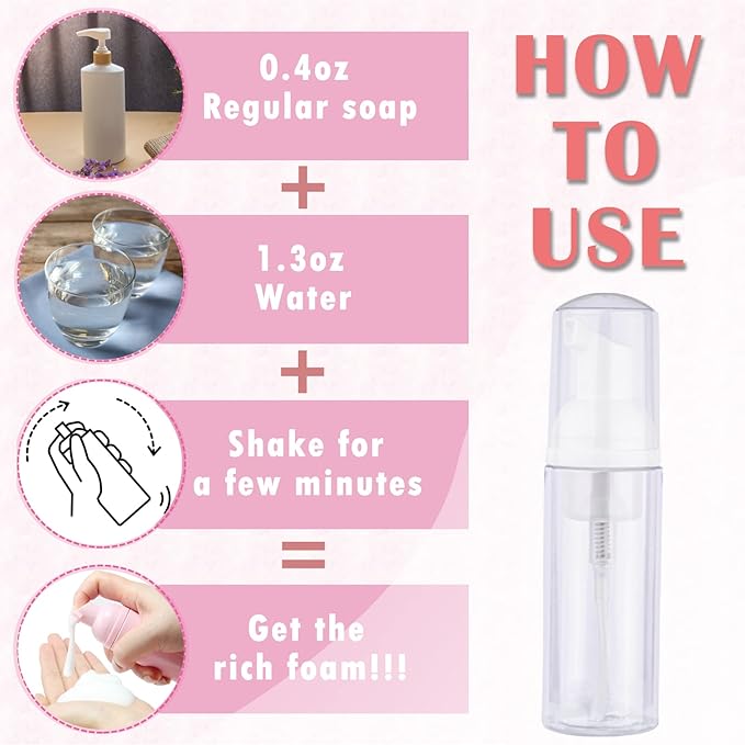 60PCS Lash Shampoo Bottles and Brushes Set, 10pcs Foam Pump Dispenser, Lash Cleaning Brush, Eyelash Extension Tube Brush, Instructions Cards, Bags, Lash Shampoo Stickers for Business Clients (B-white)
