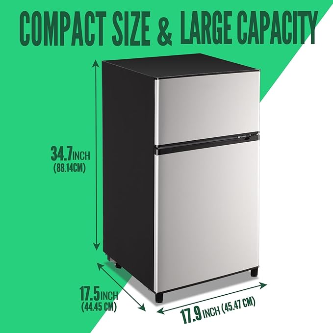 WANAI Mini Fridge with Freezer, 3.5 cubic feet 2- Doors Small Refrigerator Features 7 Gear Mechanical Control, Side Bottle Rack, Ideal for Dorm, Kitchen, Apartment, Office, Silver