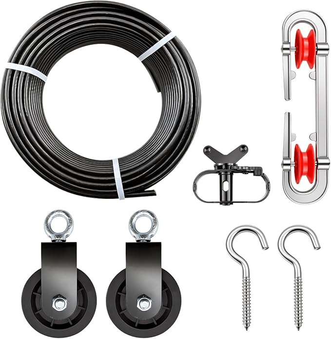 Clothesline Kit, Sunwuk Heavy Duty Clothesline Kit with 3/16" 100Ft PVC Coated Clothes Line Wires, Clothesline Nylon Pulley, Perfect for Drying Clothes Outside