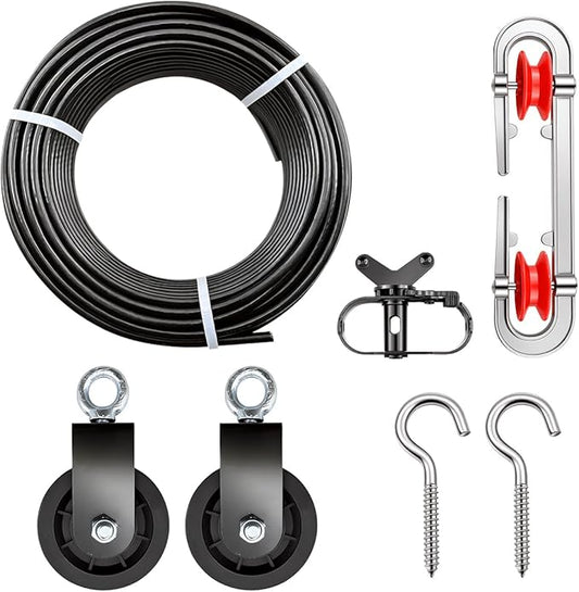 Clothesline Kit, Sunwuk Heavy Duty Clothesline Kit with 3/16" 100Ft PVC Coated Clothes Line Wires, Clothesline Nylon Pulley, Perfect for Drying Clothes Outside