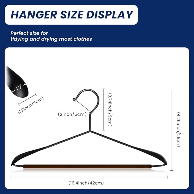 Jiang&Rong 12 Pack Wide Shoulder Metal Hangers - Heavy-Duty Retro Wooden Pants Bar Suit Hangers for Closet, Dresses, Pants, Sweaters, Jackets