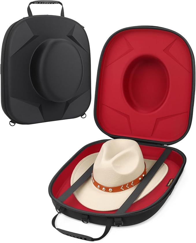 Cowboy Hat Travel Carrier - Crush Resistant EVA Storage Box for Fedora, Panama & Western Hats with Handle & Strap - Red
