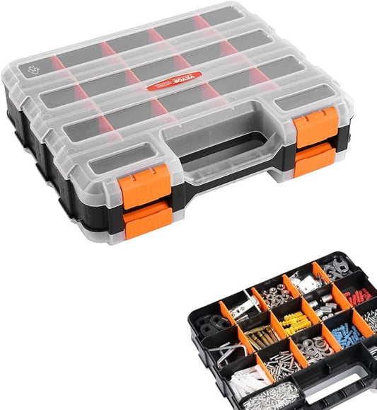 VEVOR Small Parts Organizer, 34-Compartment Double Side Tools Organizer Box with 24 Removable Dividers, PP Hardware Storage Box with Safety Latch & Portable Handle for Nuts, Bolts, Screws, Nails
