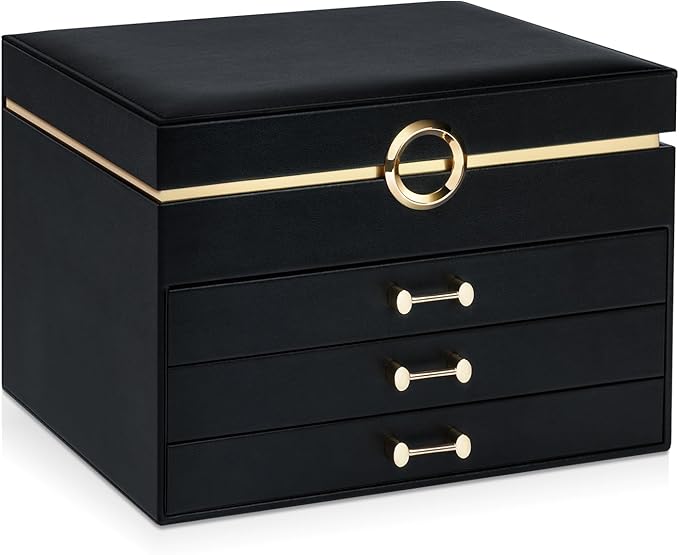 Jewelry Boxes for Women, Large Jewelry Storage Boxes, 4-Layer Leather Jewelry Organizer with 3 Drawers, Jewelry Display Case Gift for Women Girls, Black