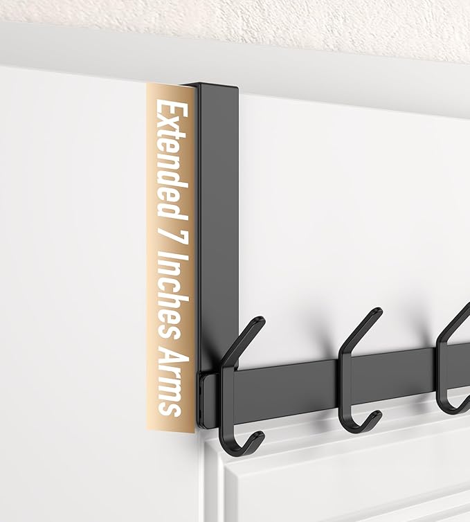 KitchLife Over The Door Hooks Hanger with 7 inches Extended Arms, Fit for 1-3/4" Doors, J18U, Thickened Bathroom Towel Rack Organization, 1 Pack Double-Hook, Matte Black