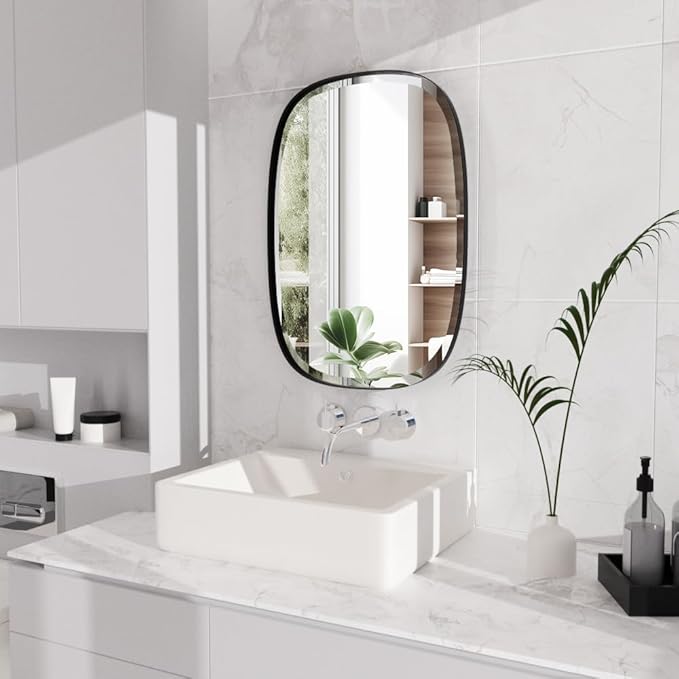 POZINO Oval Beveled Mirror Over Sink, 20"x30" Black Rectangle Mirror for Bathroom, Modern Oblong Vanity Wall Mirrors in Premium Stainless Steel Frame, Wall Mount Hangs Horizontal Or Vertical