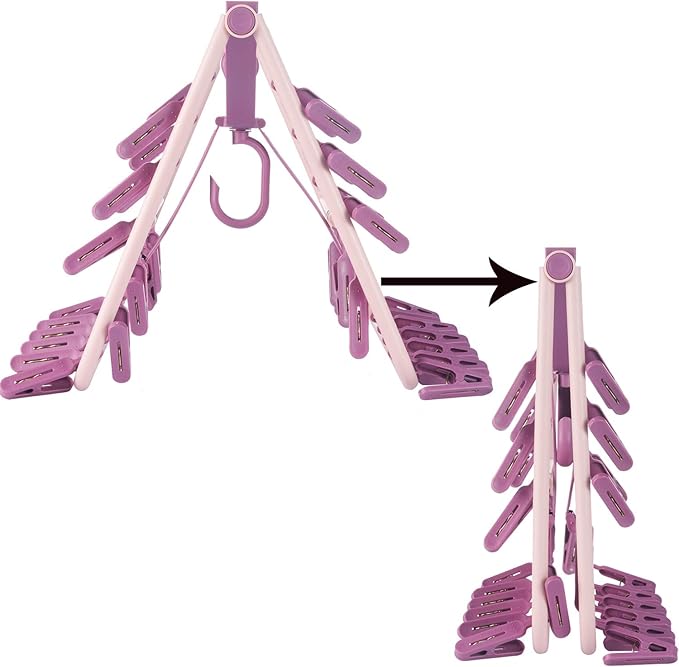 Foldable Clip Hangers with 32 Clothespin Drying Clips,Laundry Clip Drip Drying Hanger for Underwear Socks Bras Lingerie Clothes(Pink)