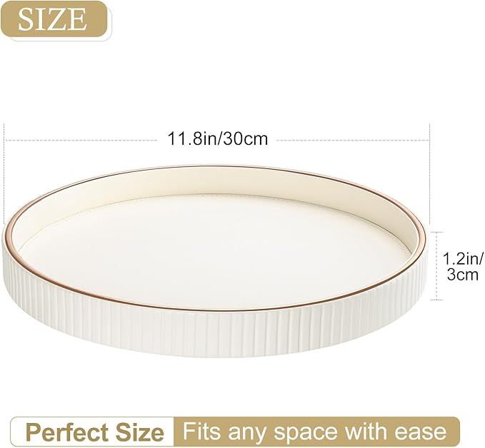 GORESE 12" Round Decorative Serving Tray for Coffee Table, PU Leather Compact Table Tray for Home Decor, Nightstand Valet Tray for Jewelry, Perfume & Keys, Cream White