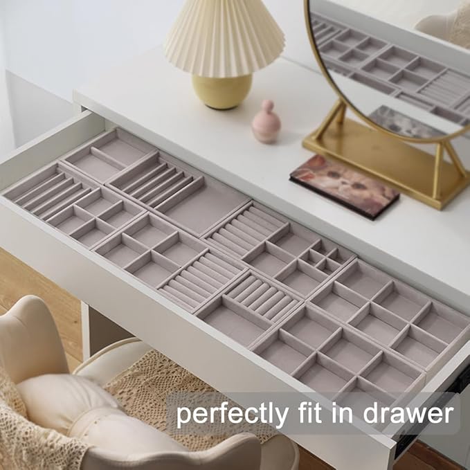 10 Pack Jewelry Organizer Tray Drawer Inserts Stackable Velvet Liner Dividers Customizable Jewellery Box Foam Ring Earring Holder Necklace Bracelet Storage Display Dish Flat in Dresser Vanity