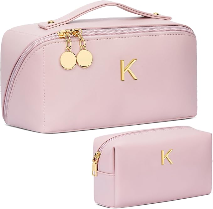 Valentine's Day Gifts for Women Teen Girl, Personalized Initial Makeup Organizer Bag Set, Open Flat Travel Cosmetic Bag With Clear Divider and Handle(Pink,K)