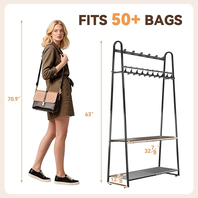 KAFAHOM Purse Organizer for Closet, Purse Rack - Tall Purse Shelf with 8 Hooks & 10 Removable Hangers to Hold Handbags, Backpacks, Pocketbooks., Perfect Purse Display Stand & Storage Tree,Black