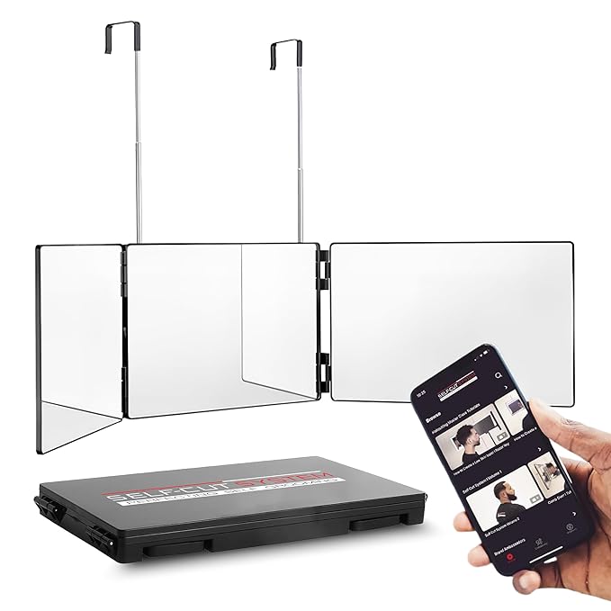 Self-Cut System 3 Way Barber Mirror with Height Adjustable Hooks, 360 Trifold Self Cut Mirror for Haircuts for Men and Women, Travel-Friendly, Three-Way Design for Easy Grooming & Styling