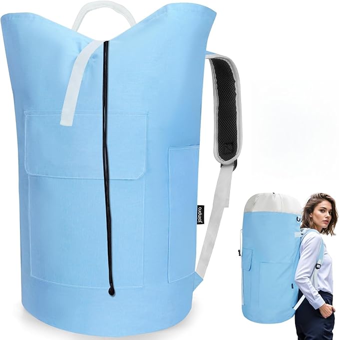 Laundry Bag Backpack, 125L Extra Large Laundry Backpack with Shoulder Straps, Adjustable Extendable Laundry Hamper Bag with 3 Pockets for College, Travel, Camping (Light Blue)