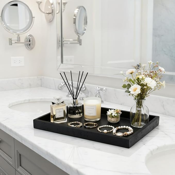 Artificial Travertine Tray, 12"x8" Perfume Tray for Bathroom Counter, Vanity, Home Organizer, Decorative Marble Trays for Perfume, Jewelry, Candles, Coffee, Rectangle, Black