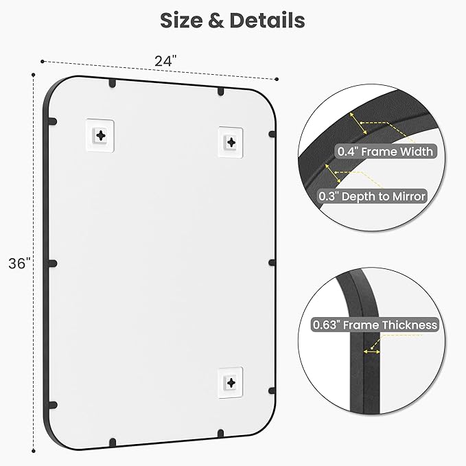Black Bathroom Mirrors for Over Sink, Set of 2, 24x36 Inch Rectangular Wall Mounted Vanity Mirrors with Matte Black Iron Frame, Moisture-Resistant Backing, Modern Farmhouse Style