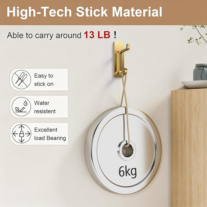 pickpiff 12 Pack Wall Hooks for Coat and Towel: 13LB Strong Adhesive Door Hanger Stick on, Brushed Gold