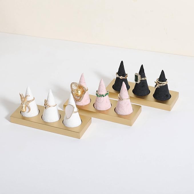 GemeShou pink jewelry ring display holder for selling, velvet ring cone display stand, cute cone shaped ring holder with golden coated base,Small jewelry ring storage organizer【Ring holder-pink】