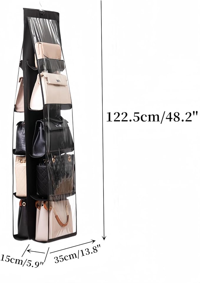 HAN SHENG 10 Pockets Clear Handbag & Purse Organizer Hanging Bag Storage - Space Saving Hanging Shelf for Closet, Wardrobe, Over Door (2 Pack, Black)