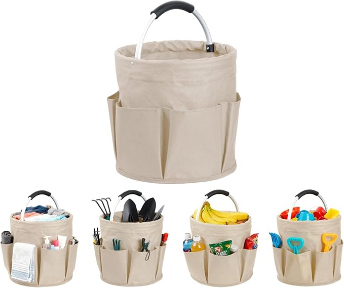 17L Foldable Storage Basket with 6 Side Pockets Cleaning Caddy with Handle Folding Storage Bin for Home Bathroom Camping Gardening (Khaki)